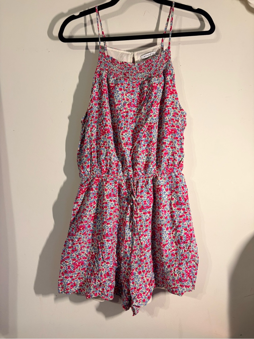 Staccato Floral Smocked Romper - Pink, Blue & White
